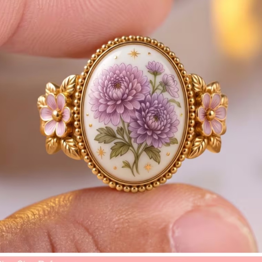 NEW ! Gold cubic zirconia  Floral Porcelain Ring with Pink Chrysanthemum Design